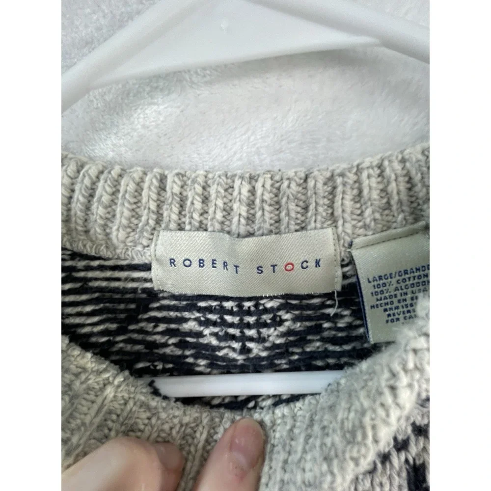 Vintage Robert Stock Sweater Mens L Grandpa White Blue Accents Pullover Made USA